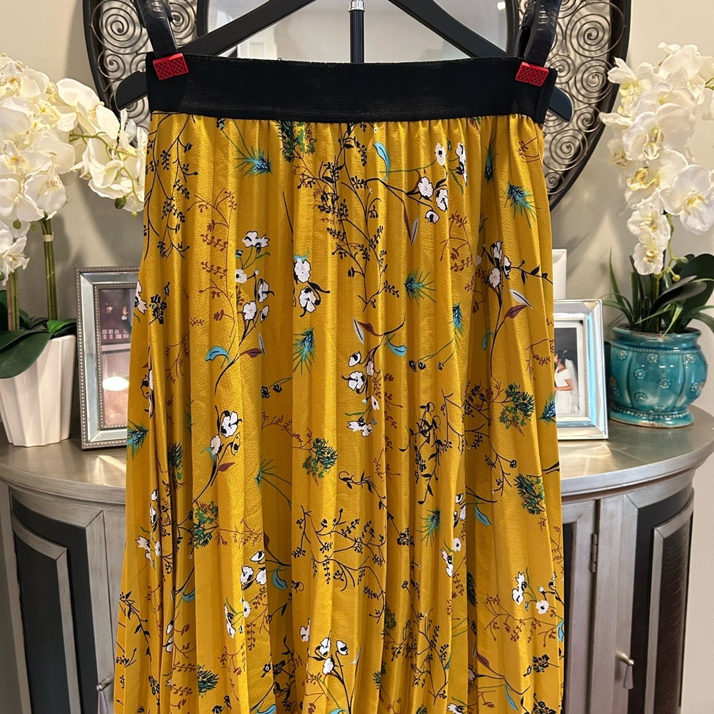 Metro Wear Mustard Floral Maxi Skirt with Black Waistband